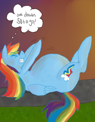 Size: 780x1000 | Tagged: safe, artist:dolly, artist:twizzle, rainbow dash, pegasus, pony, belly, big belly, colored, exercise, hyper, preggo dash, pregnant, solo