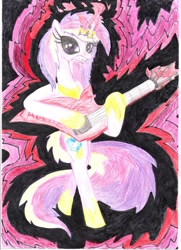 Size: 1024x1412 | Tagged: safe, artist:tosterina, princess cadance, alicorn, pony, electric guitar, eyeshadow, guitar, horn ring, magic, solo, traditional art