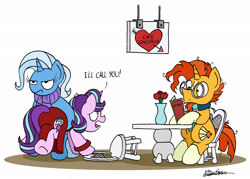 Size: 2678x1915 | Tagged: safe, artist:bobthedalek, derpibooru import, starlight glimmer, sunburst, trixie, pony, semi-anthro, unicorn, bipedal, cafe, carrying, chair, clothes, dialogue, dress, female, flower, heart, holding a pony, inconvenient trixie, lidded eyes, male, necktie, open mouth, rose, shipping, shipping denied, sign, simple background, sitting, starburst, straight, table, trio, trixie is not amused, unamused, underhoof, vase, white background