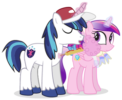 Size: 449x369 | Tagged: safe, artist:dm29, princess cadance, shining armor, alicorn, pony, unicorn, baseball cap, clothes, corndog, cotton candy, duo, food, hat, magic, scarf