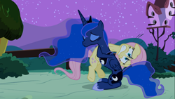 Size: 1366x768 | Tagged: safe, screencap, fluttershy, princess luna, alicorn, pegasus, pony, luna eclipsed, hug