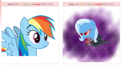 Size: 533x291 | Tagged: safe, derpibooru import, rainbow dash, trixie, pegasus, pony, derpibooru christmas theme, exploitable meme, juxtaposition, juxtaposition win