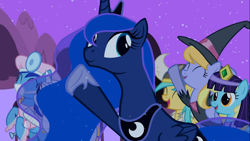 Size: 1366x768 | Tagged: safe, screencap, cloud kicker, lyra heartstrings, minuette, princess luna, sassaflash, sunshower raindrops, alicorn, pony, luna eclipsed