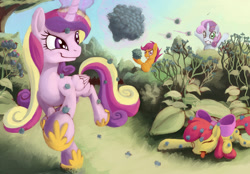 Size: 1600x1116 | Tagged: safe, artist:fantdragon, apple bloom, princess cadance, scootaloo, sweetie belle, alicorn, pony, cutie mark crusaders, eyes closed, grin, gritted teeth, levitation, magic, playing, prone, running, smirk, telekinesis, throwing, tongue out, wide eyes