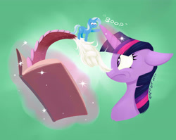 Size: 4900x3900 | Tagged: safe, artist:poecillia-gracilis19, derpibooru import, discord, trixie, twilight sparkle, pony, unicorn, absurd resolution, book, boop, female, horn boop, inconvenient discord, inconvenient trixie, magic, mare, micro, telekinesis, woonoggles