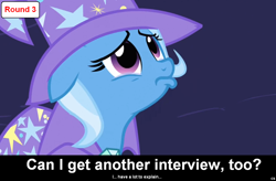 Size: 1024x672 | Tagged: safe, derpibooru import, trixie, comic:celestia's servant interview, caption, interview, meta, pouting