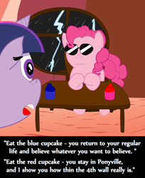 Size: 600x737 | Tagged: safe, artist:ultrathehedgetoaster, derpibooru import, pinkie pie, twilight sparkle, earth pony, pony, dialogue, fourth wall, morpheus, parody, sunglasses, the matrix