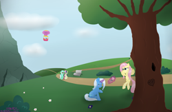 Size: 2295x1500 | Tagged: safe, artist:mikoruthehedgehog, derpibooru import, bon bon, fluttershy, lyra heartstrings, sweetie drops, trixie, twilight sparkle, pegasus, pony, blushing, female, flower, lesbian, shipping, trixieshy