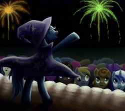 Size: 1694x1500 | Tagged: safe, artist:fox-moonglow, derpibooru import, carrot top, derpy hooves, doctor whooves, golden harvest, minuette, rarity, trixie, pegasus, pony, unicorn, female, fireworks, happy, mare, smiling, stage