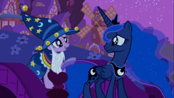 Size: 1366x768 | Tagged: safe, screencap, princess luna, twilight sparkle, alicorn, pony, luna eclipsed, clothes, costume, female, mare, star swirl the bearded costume