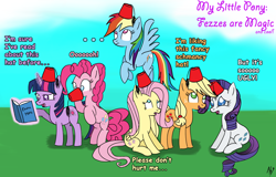 Size: 3064x1956 | Tagged: safe, artist:datahmedz, derpibooru import, applejack, fluttershy, pinkie pie, rainbow dash, rarity, twilight sparkle, earth pony, pegasus, pony, unicorn, fez, hat, mane six