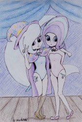 Size: 806x1200 | Tagged: safe, artist:marta4708, derpibooru import, starlight glimmer, trixie, equestria girls, blushing, bowtie, cape, clothes, hat, human coloration, leotard, magician outfit, traditional art, trixie's cape, trixie's hat