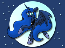 Size: 800x600 | Tagged: safe, artist:karlaandbliss, princess luna, alicorn, pony, cute, flying, looking at you, lunadoodle, moon, raised hoof, smiling, solo, spread wings, stars