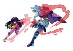 Size: 800x552 | Tagged: safe, artist:gomigomipomi, derpibooru import, trixie, twilight sparkle, human, magic duel, book, converse, fight, humanized, magic, scene interpretation, shoes