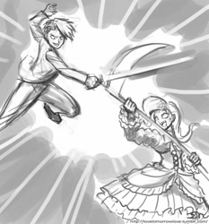 Size: 735x788 | Tagged: safe, artist:johnjoseco, derpibooru import, trixie, human, battler ushiromiya, crossover, erika furudo, fight, grayscale, humanized, monochrome, scythe, sword, umineko no naku koro ni