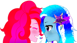 Size: 1640x912 | Tagged: safe, artist:starwantrix, derpibooru import, pinkie pie, trixie, equestria girls, colorful, cute, female, heart, lesbian, love, shipping, smiling, trixiepie