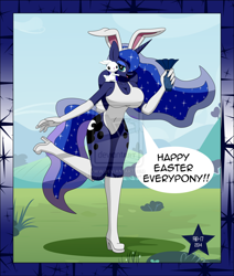 Size: 900x1062 | Tagged: safe, artist:sonork91, angel bunny, princess luna, alicorn, anthro, rabbit, boots, breasts, bunny girl, clothes, evening gloves, female, gloves, high heels, princess balloona, solo