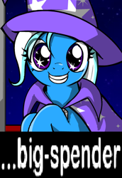 Size: 338x491 | Tagged: safe, artist:marcusmaximus, derpibooru import, trixie, pony, unicorn, cape, clothes, cute, diatrixes, expand dong, exploitable meme, female, hat, looking at you, mare, meme, minty fresh adventure, smiling, solo, starry eyes, trixie's cape, trixie's hat, wingding eyes