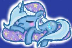 Size: 700x466 | Tagged: safe, artist:miharuchu, derpibooru import, trixie, blushing, sleeping