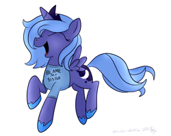 Size: 3000x2390 | Tagged: safe, artist:wonder-waffle, princess luna, alicorn, pony, blame my sister, clothes, filly, magic shirt, s1 luna, solo, t-shirt, woona