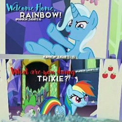 Size: 320x320 | Tagged: safe, derpibooru import, edit, rainbow dash, spike, trixie, dragon, pegasus, pony, unicorn, the cutie re-mark, female, mare