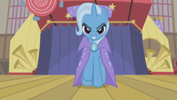 Size: 1280x720 | Tagged: safe, derpibooru import, screencap, trixie, pony, unicorn, boast busters, >:), cute, diatrixes, evil grin, female, grin, mare, pure unfiltered evil, smiling, smirk, solo