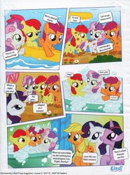 Size: 740x995 | Tagged: safe, derpibooru import, apple bloom, applejack, rarity, scootaloo, sweetie belle, twilight sparkle, earth pony, pony, unicorn, comic:apple bloom's big adventure, bath, bubble bath, comic, cute, cutie mark crusaders, don't ask me why twilight's even in this comic, german comic, german my little pony comic, messy, mud, my little pony comic, official content, translation, twilight is a lion