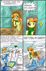Size: 1862x2876 | Tagged: safe, artist:ciriliko, derpibooru import, carrot top, golden harvest, trixie, carrot, clothes, comic, creeper, red eyes, scarf, snow, snowman