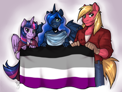 Size: 1024x775 | Tagged: safe, artist:collaredginger, big macintosh, princess luna, twilight sparkle, twilight sparkle (alicorn), alicorn, anthro, asexual, asexual pride flag, clothes, flag, looking at you, pride, smiling