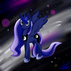 Size: 3000x3000 | Tagged: safe, artist:fingrprints, princess luna, alicorn, pony, high res, looking at you, smiling, solo, space, spread wings