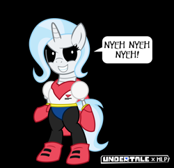 Size: 1900x1841 | Tagged: safe, artist:psaga90, artist:pyris-thaumaturge, derpibooru import, trixie, pony, bipedal, crossover, grin, papyrus, papyrus (undertale), simple background, smiling, solo, the great and powerful papyrus, undertale