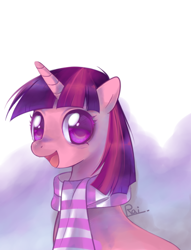 Size: 610x800 | Tagged: safe, artist:pekou, derpibooru import, twilight sparkle, pony, clothes, female, mare, open mouth, scarf, solo, striped scarf