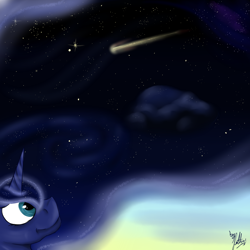 Size: 1024x1024 | Tagged: safe, artist:missadric2, princess luna, alicorn, pony, shooting star, smiling, solo, space, stars