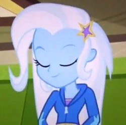 Size: 904x892 | Tagged: safe, derpibooru import, trixie, equestria girls, cropped, eyes closed, smiling, solo