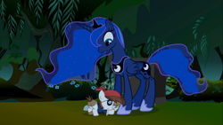 Size: 1366x768 | Tagged: safe, screencap, pipsqueak, princess luna, alicorn, earth pony, pony, luna eclipsed, colt, male