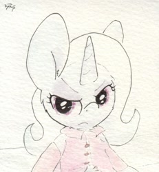 Size: 629x682 | Tagged: safe, artist:slightlyshade, derpibooru import, trixie, pony, unicorn, big ears, bust, clothes, disappointed, grumpy, looking at you, portrait, solo, traditional art