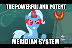 Size: 625x416 | Tagged: safe, derpibooru import, edit, edited screencap, screencap, trixie, pony, unicorn, magic duel, alicorn amulet, all new, female, hub logo, image macro, mare, meme, solo, text, trixie yells at everything