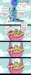 Size: 1400x3397 | Tagged: safe, artist:crystal-secret, derpibooru import, applejack, pinkie pie, rainbow dash, spike, trixie, dragon, earth pony, pegasus, pony, backrub, comic, hot air balloon, liar face, liarjack, twinkling balloon