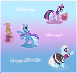 Size: 1998x1887 | Tagged: safe, artist:scissorsrunner, derpibooru import, photo finish, trixie, twilight sparkle, earth pony, pony, rabbit, unicorn, book, female, mare, rearing