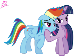 Size: 1600x1200 | Tagged: safe, artist:nightmaremoons, derpibooru import, rainbow dash, twilight sparkle, unicorn twilight, pegasus, pony, unicorn, female, lesbian, mare, shipping, simple background, transparent background, twidash, vector