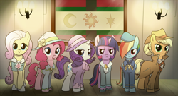 Size: 1600x872 | Tagged: safe, artist:madmax, derpibooru import, applejack, fluttershy, pinkie pie, rainbow dash, rarity, twilight sparkle, earth pony, pegasus, pony, unicorn, fallout equestria, clothes, cowboy hat, fanfic, fanfic art, female, hat, hooves, mane six, mare, ministry mares, open mouth, scar, uniform, wings