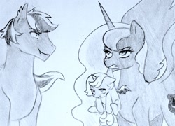 Size: 1600x1152 | Tagged: safe, artist:kianamai, princess luna, oc, oc:princess nidra, oc:supernova, alicorn, bat pony, pony, alicorn oc, canon x oc, family, female, filly, foal, kilalaverse, monochrome, mother and child, mother and daughter, mouth hold, next generation, offspring, parent and child, parent:oc:supernova, parent:princess luna, parents:canon x oc, pencil drawing, pouting, scruff, shipping, story included, traditional art