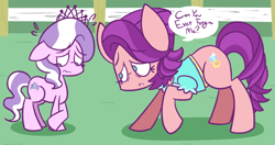 Size: 1024x539 | Tagged: safe, artist:typhwosion, derpibooru import, diamond tiara, spoiled rich, earth pony, pony, crusaders of the lost mark, awkward, awkward moment, begging, bowing, clothes, crossed legs, crying, cutie mark, female, filly, forgiveness, frown, good spoiled rich, heartwarming, jewelry, looking down, mare, milf, mother, mother and child, mother and daughter, nervous, parent and child, reconciliation, remorse, sad, shirt, speech bubble, sweat, sweatdrop, tiara