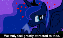 Size: 1600x973 | Tagged: safe, princess luna, alicorn, pony, bronybait, caption, cs captions, female, heart, looking away, love, mare, shy, smiling, solo