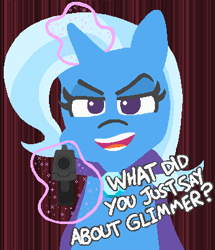 Size: 347x404 | Tagged: safe, artist:threetwotwo32232, derpibooru import, trixie, pony, unicorn, cape, clothes, dialogue, gun, implied lesbian, implied shipping, implied startrix, levitation, lidded eyes, looking at you, magic, open mouth, solo, telekinesis, trixie's cape, weapon