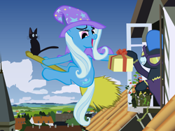 Size: 2386x1780 | Tagged: dead source, safe, artist:pipersack, derpibooru import, trixie, cat, broom, cloud, cloudy, flying, flying broomstick, kiki's delivery service, lidded eyes, open mouth, present, shadowbolts, sitting, sky, smiling