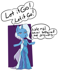 Size: 3384x4104 | Tagged: safe, artist:fauxsquared, derpibooru import, trixie, pony, unicorn, absurd resolution, bipedal, clothes, dialogue, dress, elsa, frozen (movie), let it go, simple background, solo, trixie is magic, white background