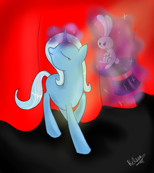 Size: 738x830 | Tagged: safe, artist:winterxbreeze, derpibooru import, angel bunny, trixie, bunny out of the hat, hat, magic trick, stage, top hat