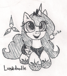 Size: 633x712 | Tagged: safe, artist:rinku, princess luna, alicorn, pony, cute, lunadoodle, monochrome, prone, sketch, solo, traditional art