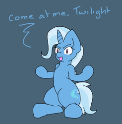 Size: 2072x2106 | Tagged: safe, artist:lou, derpibooru import, trixie, pony, unicorn, come at me bro, dialogue, fight, simple background, solo